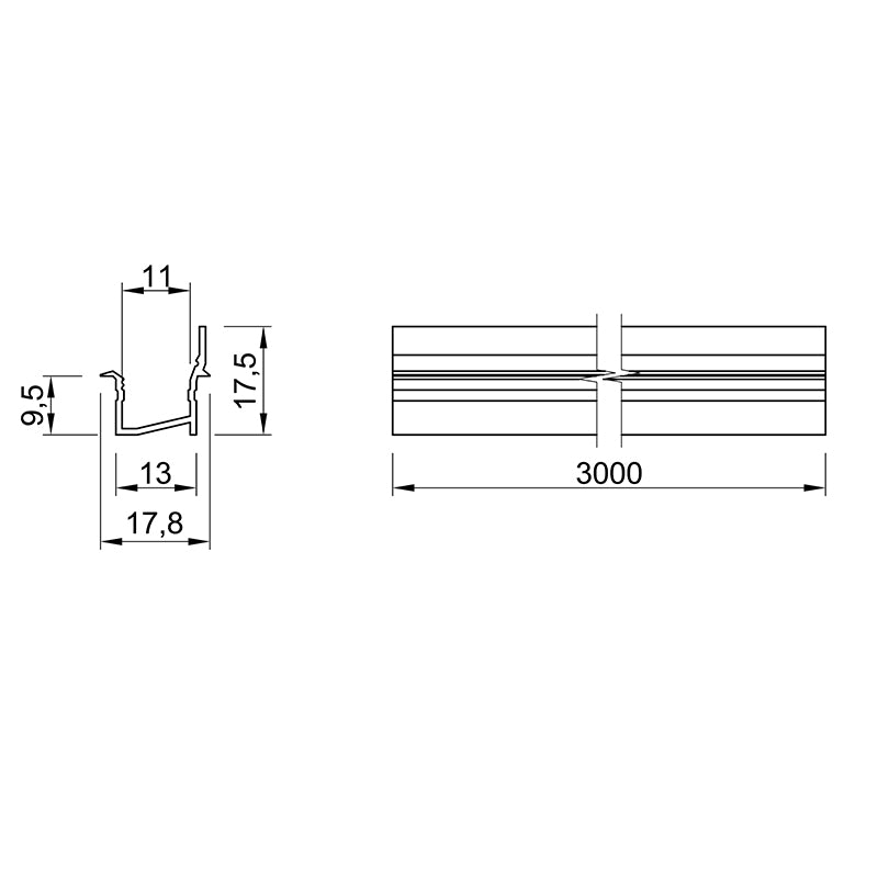 Profile for LED strip, MORTISE WITH SHUTTER, L = 3 m, aluminum, anodised silver