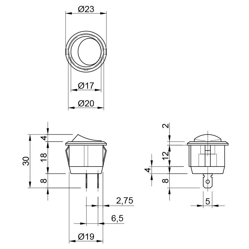 Round button switch, 220V / 12V, 6A, white