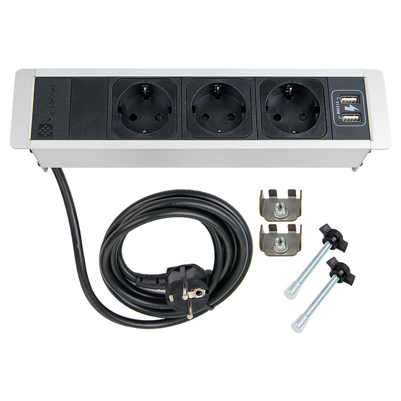 VersaFRAME Multi-plug socket with frame, 3 sockets, 110-220V, 16A, IP20, matt black / anodised aluminum