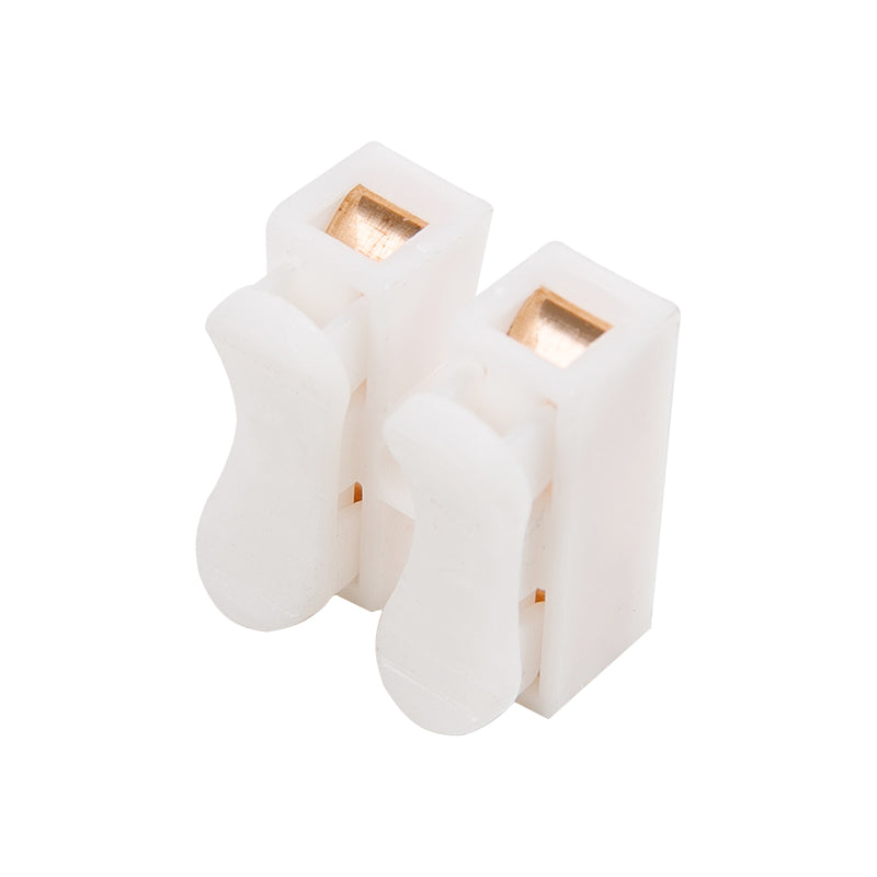 Quick-clamp terminal block for two wires, 220V, 10A, 0.2-2.5 sq.mm, copper/plastic, white